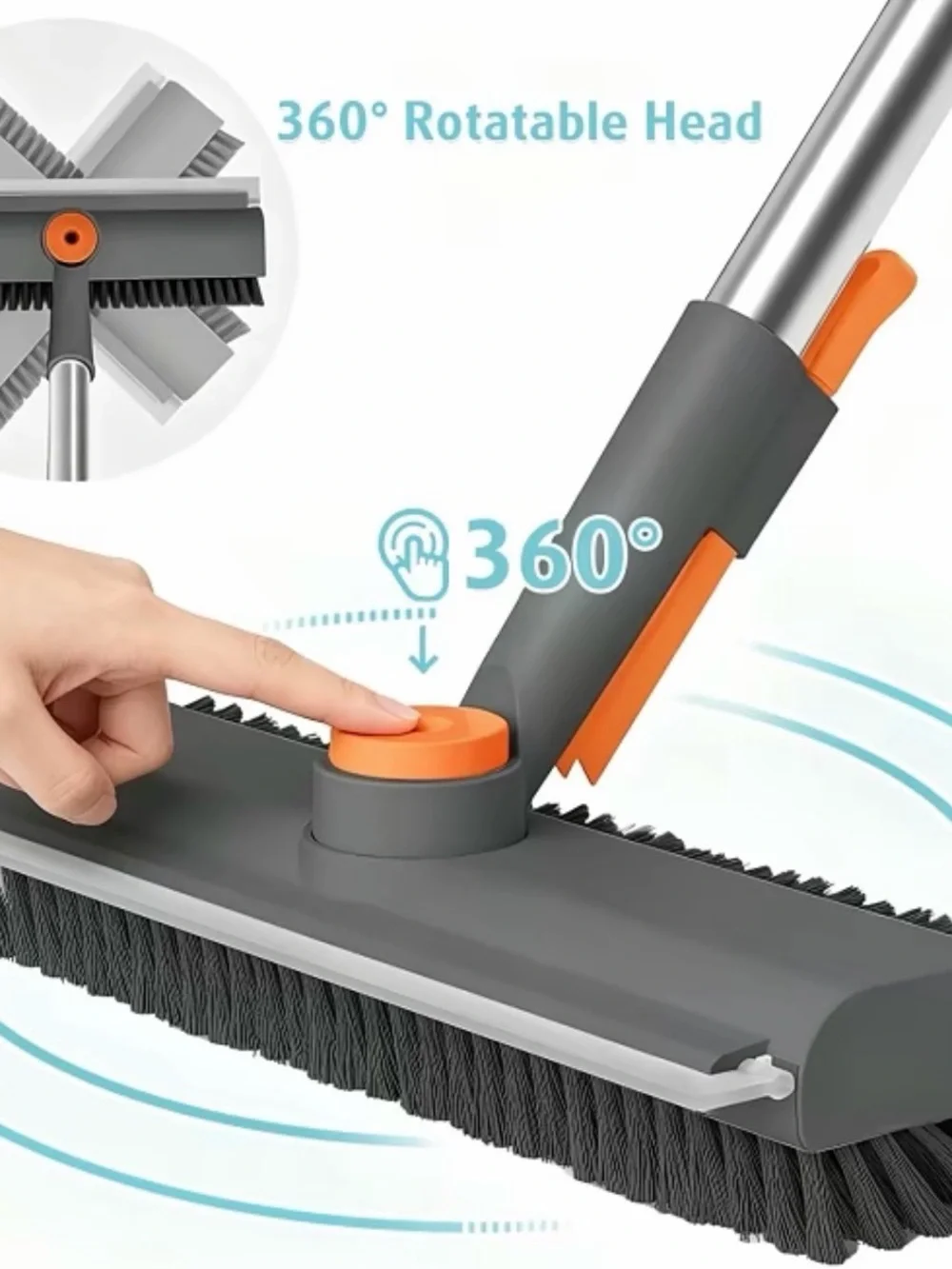 360° Rotating Grey and Orange Floor Brush with Push-Button Pivot